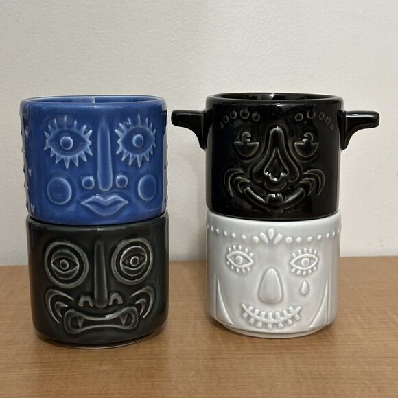 Set of 4 IKEA Rare Frekvens 12 oz Stackable Tiki Ceramic Cups Mugs Maria Vinka - Picture 2 of 9